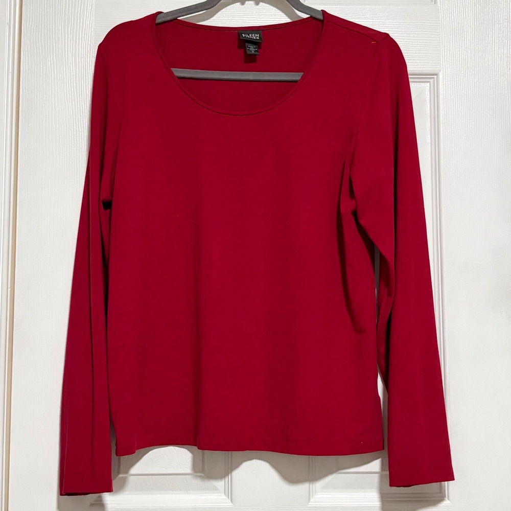 Eileen Fisher Red Scoop Neck Long Sleeve Minimalist Comfy Top Jersey Rayon Lycr